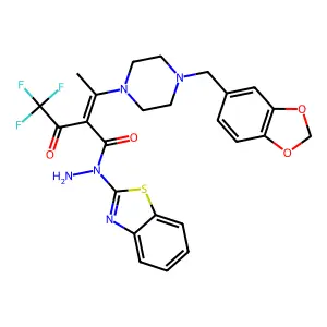 (2Z)-3-[4-(1,3-benzodioxol-5-ylmethyl)piperazin-1-yl]-N-(1,3-benzothiazol-2-yl)-2-(trifluoroacetyl)but-2-enehydrazide structure