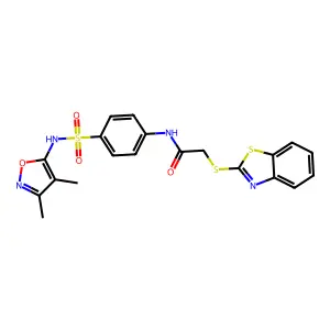 2-(1,3-benzothiazol-2-ylthio)-N-(4-{[(3,4-dimethyl-5-isoxazolyl)amino]sulfonyl}phenyl)acetamide structure