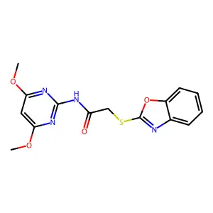 2-(1,3-benzoxazol-2-ylsulfanyl)-N-(4,6-dimethoxypyrimidin-2-yl)acetamide structure
