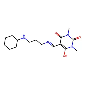 5-({[3-(cyclohexylamino)propyl]amino}methylidene)-1,3-dimethylpyrimidine-2,4,6(1H,3H,5H)-trione structure
