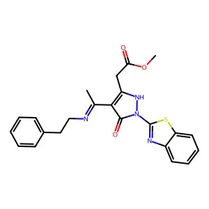 methyl [(4Z)-1-(1,3-benzothiazol-2-yl)-5-oxo-4-{1-[(2-phenylethyl)amino]ethylidene}-4,5-dihydro-1H-pyrazol-3-yl]acetate structure
