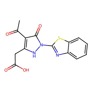 2-[4-acetyl-2-(1,3-benzothiazol-2-yl)-3-oxo-1H-pyrazol-5-yl]acetic acid structure