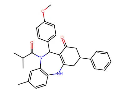 11-(4-methoxyphenyl)-8-methyl-10-(2-methylpropanoyl)-3-phenyl-2,3,4,5,10,11-hexahydro-1H-dibenzo[b,e][1,4]diazepin-1-one structure
