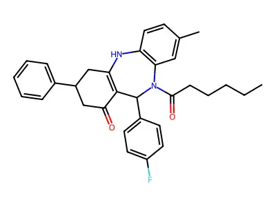 11-(4-fluorophenyl)-10-hexanoyl-8-methyl-3-phenyl-2,3,4,5,10,11-hexahydro-1H-dibenzo[b,e][1,4]diazepin-1-one structure