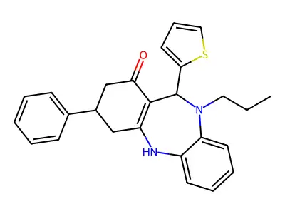 3-phenyl-10-propyl-11-(thiophen-2-yl)-3,4,10,11-tetrahydro-2H-dibenzo[b,e][1,4]diazepin-1-ol structure
