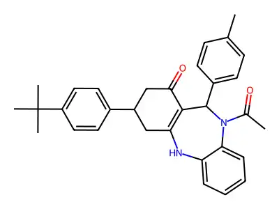 10-acetyl-3-(4-tert-butylphenyl)-11-(4-methylphenyl)-2,3,4,5,10,11-hexahydro-1H-dibenzo[b,e][1,4]diazepin-1-one structure
