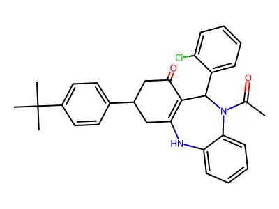 10-acetyl-3-(4-tert-butylphenyl)-11-(2-chlorophenyl)-2,3,4,5,10,11-hexahydro-1H-dibenzo[b,e][1,4]diazepin-1-one structure