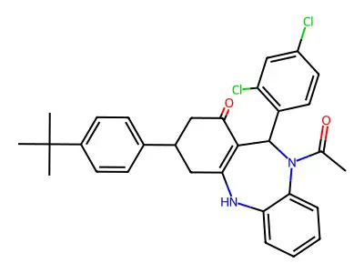 10-acetyl-3-(4-tert-butylphenyl)-11-(2,4-dichlorophenyl)-2,3,4,5,10,11-hexahydro-1H-dibenzo[b,e][1,4]diazepin-1-one structure