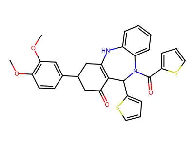 3-(3,4-dimethoxyphenyl)-11-(thiophen-2-yl)-10-(thiophen-2-ylcarbonyl)-2,3,4,5,10,11-hexahydro-1H-dibenzo[b,e][1,4]diazepin-1-one structure