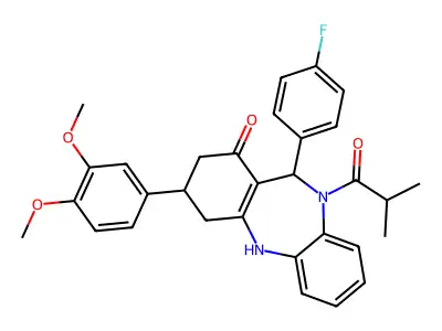 3-(3,4-dimethoxyphenyl)-11-(4-fluorophenyl)-10-isobutyryl-2,3,4,5,10,11-hexahydro-1H-dibenzo[b,e][1,4]diazepin-1-one structure
