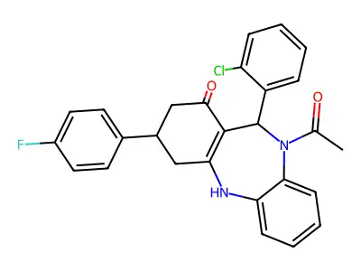 10-acetyl-11-(2-chlorophenyl)-3-(4-fluorophenyl)-2,3,4,5,10,11-hexahydro-1H-dibenzo[b,e][1,4]diazepin-1-one structure