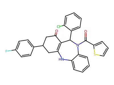 [11-(2-chlorophenyl)-3-(4-fluorophenyl)-1-hydroxy-2,3,4,11-tetrahydro-10H-dibenzo[b,e][1,4]diazepin-10-yl](thiophen-2-yl)methanone structure