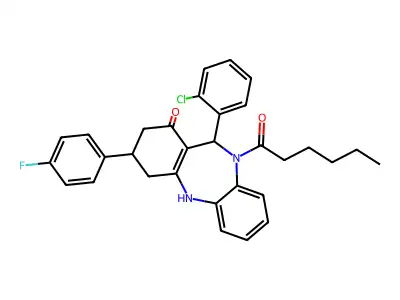 11-(2-chlorophenyl)-3-(4-fluorophenyl)-10-hexanoyl-2,3,4,5,10,11-hexahydro-1H-dibenzo[b,e][1,4]diazepin-1-one structure