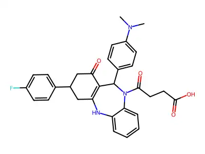 4-{11-[4-(dimethylamino)phenyl]-3-(4-fluorophenyl)-1-hydroxy-2,3,4,11-tetrahydro-10H-dibenzo[b,e][1,4]diazepin-10-yl}-4-oxobutanoic acid structure