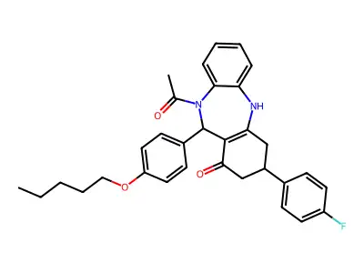 10-acetyl-3-(4-fluorophenyl)-11-[4-(pentyloxy)phenyl]-2,3,4,5,10,11-hexahydro-1H-dibenzo[b,e][1,4]diazepin-1-one structure