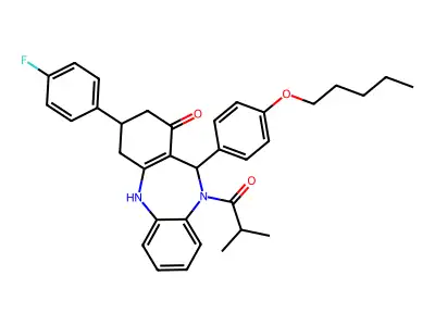 3-(4-fluorophenyl)-10-(2-methylpropanoyl)-11-[4-(pentyloxy)phenyl]-2,3,4,5,10,11-hexahydro-1H-dibenzo[b,e][1,4]diazepin-1-one structure