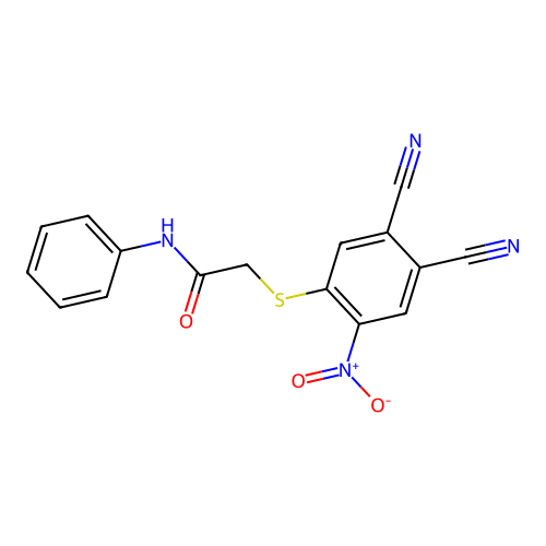 2-(3,4-dicyano-6-nitrophenylthio)-N-phenylacetamide structure