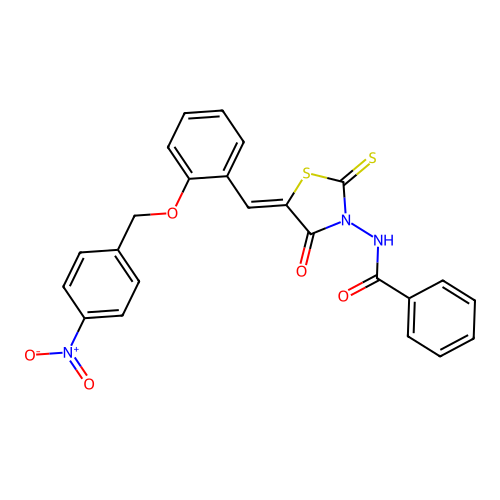 (Z)-N-(5-(2-((4-nitrobenzyl)oxy)benzylidene)-4-oxo-2-thioxothiazolidin-3-yl)benzamide structure