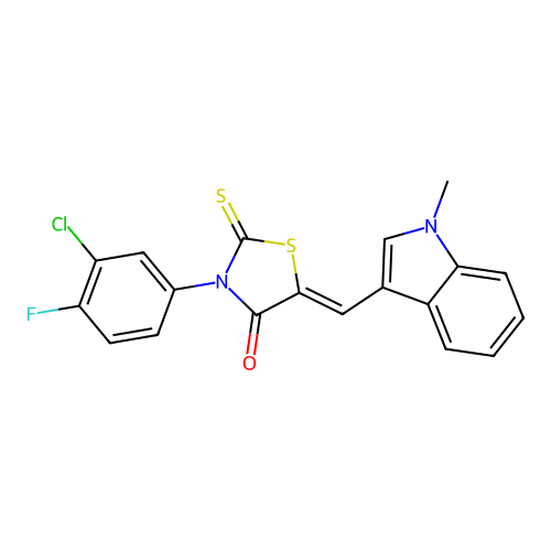(Z)-3-(3-chloro-4-fluorophenyl)-5-((1-methyl-1H-indol-3-yl)methylene)-2-thioxothiazolidin-4-one structure