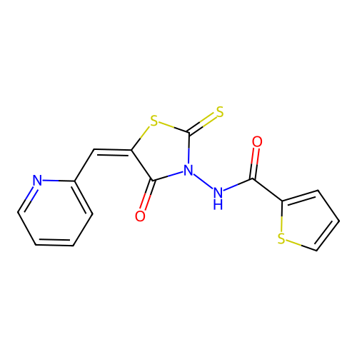 N-[(5E)-4-oxo-5-(pyridin-2-ylmethylidene)-2-thioxo-1,3-thiazolidin-3-yl]thiophene-2-carboxamide structure