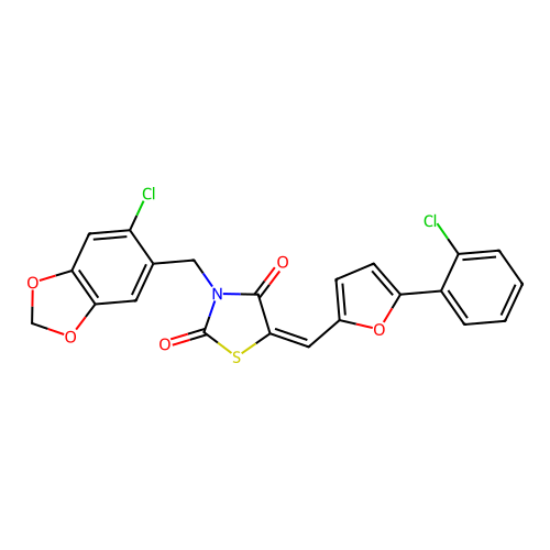 (5E)-3-[(6-chloro-1,3-benzodioxol-5-yl)methyl]-5-[[5-(2-chlorophenyl)furan-2-yl]methylidene]-1,3-thiazolidine-2,4-dione structure