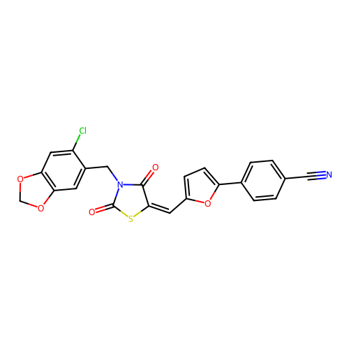 (E)-4-(5-((3-((6-chlorobenzo[d][1,3]dioxol-5-yl)methyl)-2,4-dioxothiazolidin-5-ylidene)methyl)furan-2-yl)benzonitrile structure