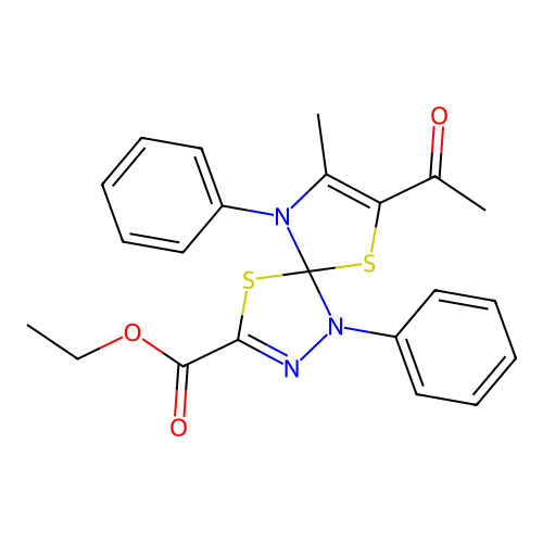 ethyl 7-acetyl-8-methyl-1,9-diphenyl-4,6-dithia-1,2,9-triazaspiro[4.4]nona-2,7-diene-3-carboxylate structure