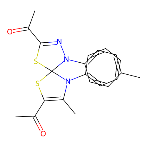 1,1'-(8-methyl-9-phenyl-1-(p-tolyl)-4,6-dithia-1,2,9-triazaspiro[4.4]nona-2,7-diene-3,7-diyl)diethanone structure