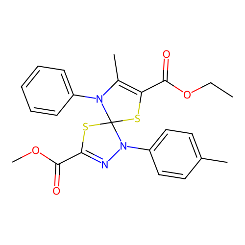 7-ethyl 3-methyl 8-methyl-1-(4-methylphenyl)-9-phenyl-4,6-dithia-1,2,9-triazaspiro[4.4]nona-2,7-diene-3,7-dicarboxylate structure
