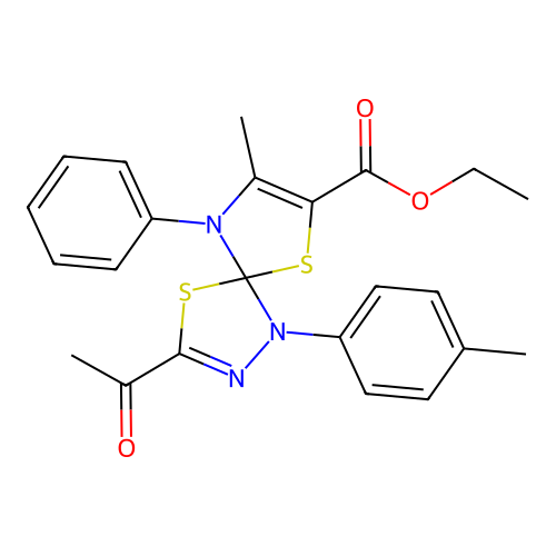 ethyl 3-acetyl-8-methyl-1-(4-methylphenyl)-9-phenyl-4,6-dithia-1,2,9-triazaspiro[4.4]nona-2,7-diene-7-carboxylate structure