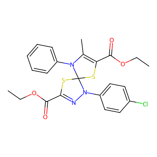 diethyl 1-(4-chlorophenyl)-8-methyl-9-phenyl-4,6-dithia-1,2,9-triazaspiro[4.4]nona-2,7-diene-3,7-dicarboxylate structure