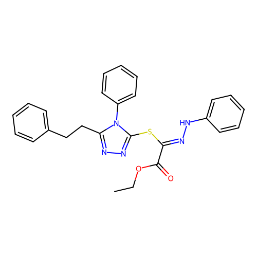 (Z)-ethyl 2-((5-phenethyl-4-phenyl-4H-1,2,4-triazol-3-yl)thio)-2-(2-phenylhydrazono)acetate structure