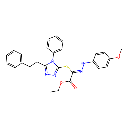 (Z)-ethyl 2-(2-(4-methoxyphenyl)hydrazono)-2-((5-phenethyl-4-phenyl-4H-1,2,4-triazol-3-yl)thio)acetate structure