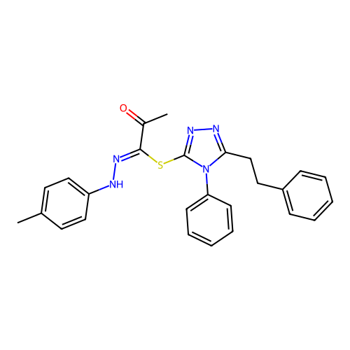 (Z)-5-phenethyl-4-phenyl-4H-1,2,4-triazol-3-yl 2-oxo-N'-(p-tolyl)propanehydrazonothioate structure