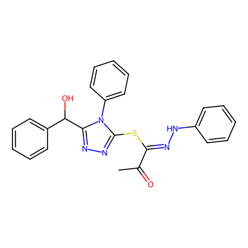 (Z)-5-(hydroxy(phenyl)methyl)-4-phenyl-4H-1,2,4-triazol-3-yl 2-oxo-N'-phenylpropanehydrazonothioate structure