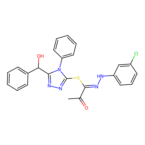 (Z)-5-(hydroxy(phenyl)methyl)-4-phenyl-4H-1,2,4-triazol-3-yl N'-(3-chlorophenyl)-2-oxopropanehydrazonothioate structure