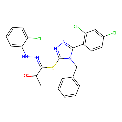 4-benzyl-5-(2,4-dichlorophenyl)-4H-1,2,4-triazol-3-yl (1E)-N-(2-chlorophenyl)-2-oxopropanehydrazonothioate structure
