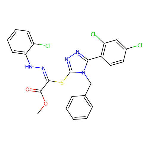 (E)-methyl 2-((4-benzyl-5-(2,4-dichlorophenyl)-4H-1,2,4-triazol-3-yl)thio)-2-(2-(2-chlorophenyl)hydrazono)acetate structure