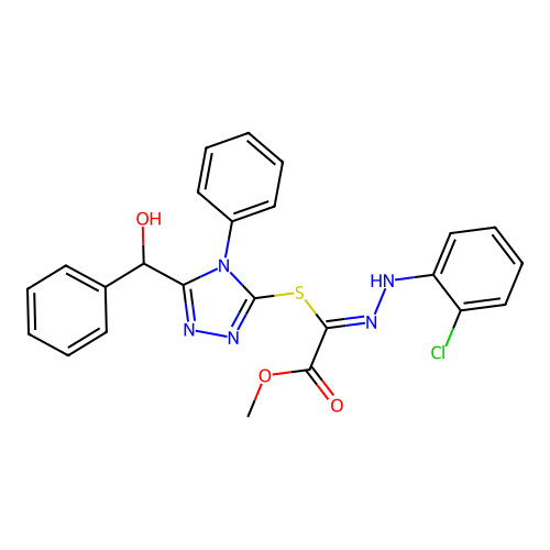 (Z)-methyl 2-(2-(2-chlorophenyl)hydrazono)-2-((5-(hydroxy(phenyl)methyl)-4-phenyl-4H-1,2,4-triazol-3-yl)thio)acetate structure