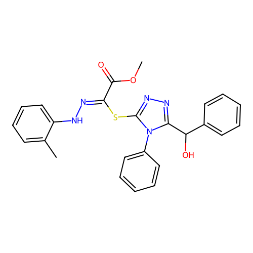 (Z)-methyl 2-((5-(hydroxy(phenyl)methyl)-4-phenyl-4H-1,2,4-triazol-3-yl)thio)-2-(2-(o-tolyl)hydrazono)acetate structure