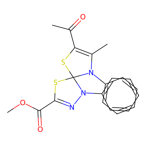 methyl 7-acetyl-8-methyl-1,9-diphenyl-4,6-dithia-1,2,9-triazaspiro[4.4]nona-2,7-diene-3-carboxylate structure