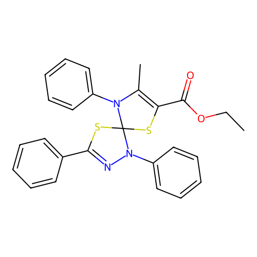ethyl 8-methyl-1,3,9-triphenyl-4,6-dithia-1,2,9-triazaspiro[4.4]nona-2,7-diene-7-carboxylate structure