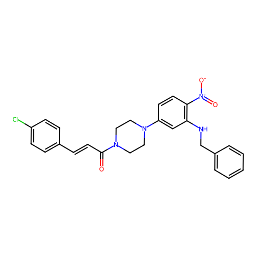 (E)-1-[4-[3-(benzylamino)-4-nitrophenyl]piperazin-1-yl]-3-(4-chlorophenyl)prop-2-en-1-one structure