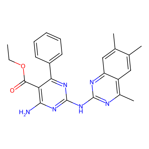 Ethyl 4-amino-6-phenyl-2-[(4,6,7-trimethylquinazolin-2-yl)amino]pyrimidine-5-carboxylate structure
