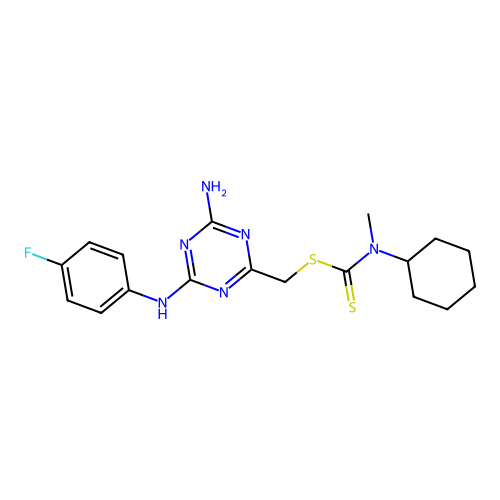 (4-amino-6-((4-fluorophenyl)amino)-1,3,5-triazin-2-yl)methyl cyclohexyl(methyl)carbamodithioate structure