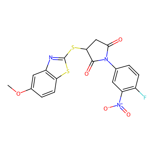 1-(4-fluoro-3-nitrophenyl)-3-[(5-methoxy-1,3-benzothiazol-2-yl)sulfanyl]pyrrolidine-2,5-dione structure