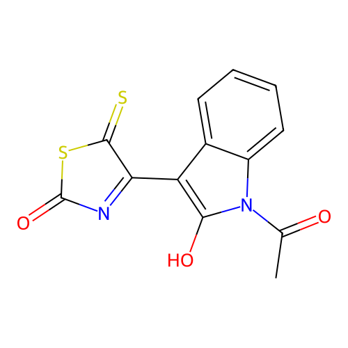 (E)-4-(1-acetyl-2-oxoindolin-3-ylidene)-5-thioxothiazolidin-2-one structure