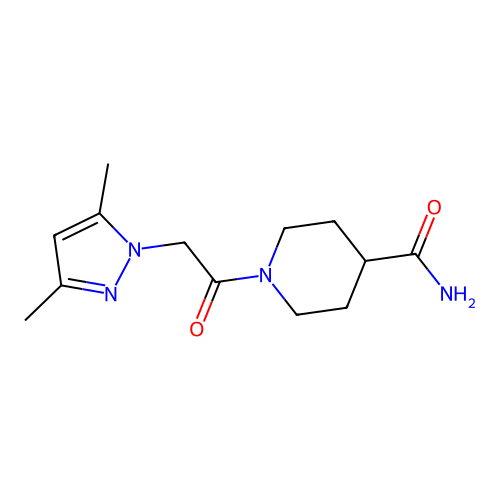 1-[(3,5-dimethyl-1H-pyrazol-1-yl)acetyl]piperidine-4-carboxamide structure