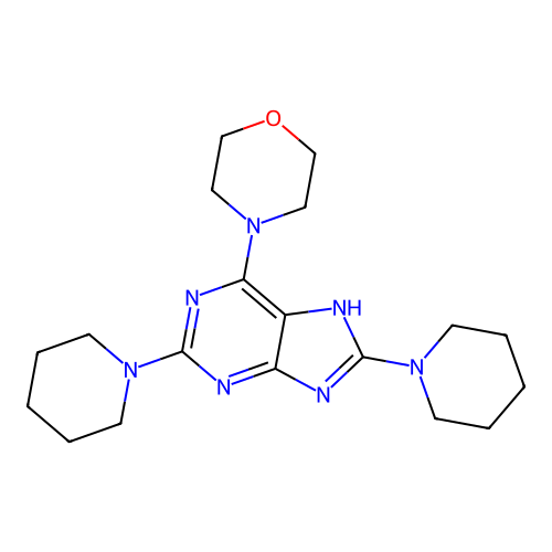 4-[2,8-di(piperidin-1-yl)-7H-purin-6-yl]morpholine structure