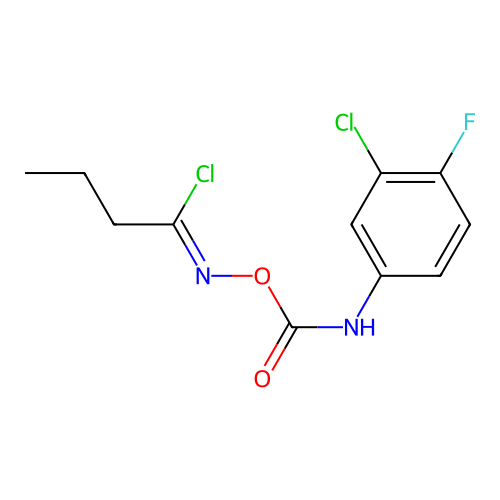 N-{[(3-chloro-4-fluoroanilino)carbonyl]oxy}butanimidoyl chloride structure